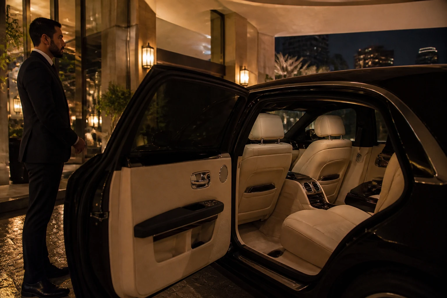 Rolls-Royce rear cabin at a Dubai hotel entrance for chauffeur versus self-drive rental decisions