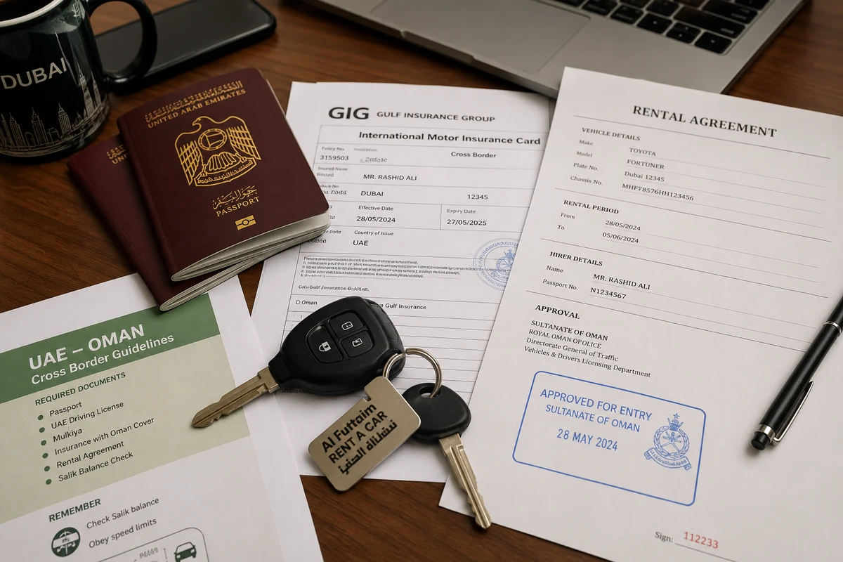 Rental contract and insurance papers for approved Dubai to Oman cross-border drive