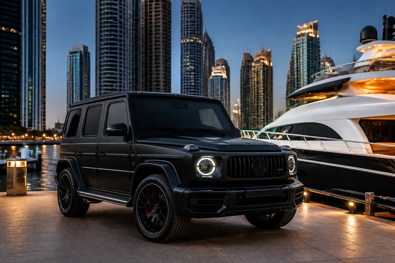 Mercedes-AMG G63 at Dubai Marina podium as a Trackhawk-style performance SUV rental alternative
