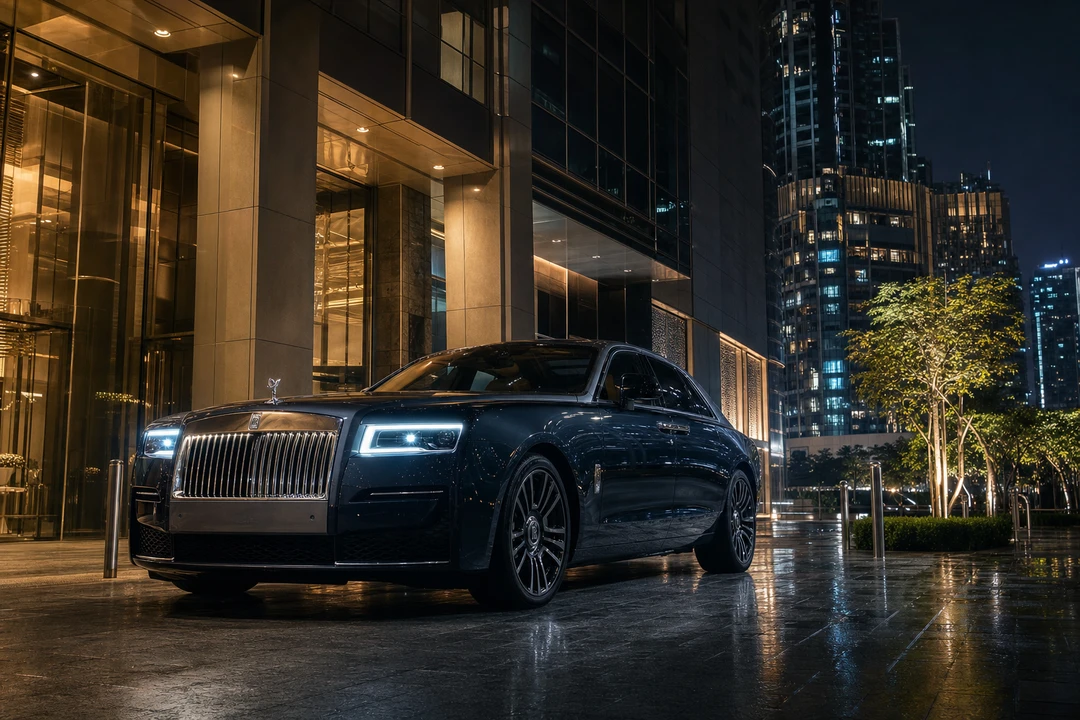 Rolls-Royce Ghost Series II at a DIFC tower podium at night for luxury car rental Dubai VIP arrivals
