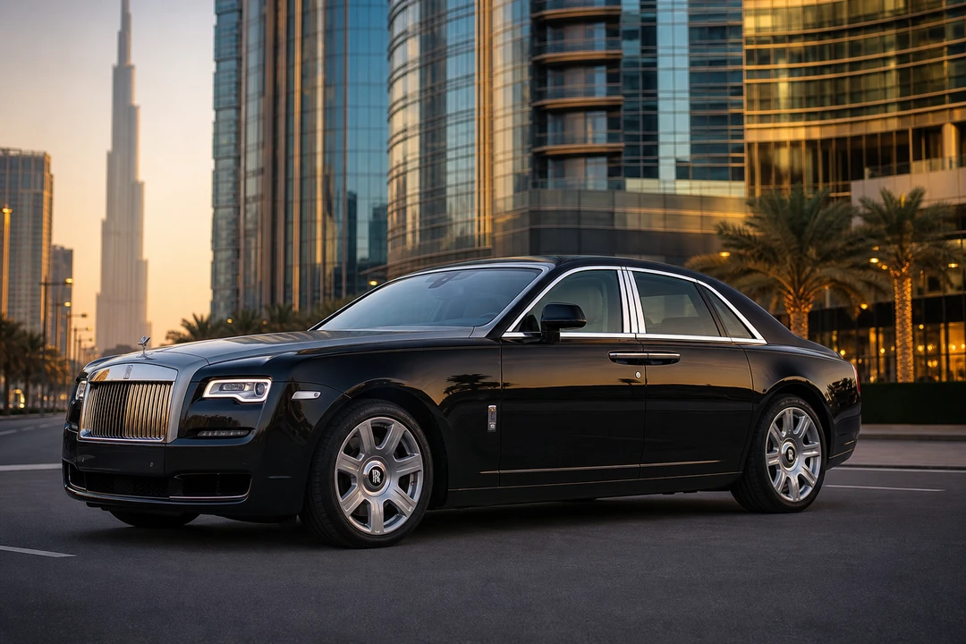 Rolls-Royce Ghost Series II exterior on a Downtown Dubai boulevard for rent Rolls-Royce Ghost Series II Dubai plans