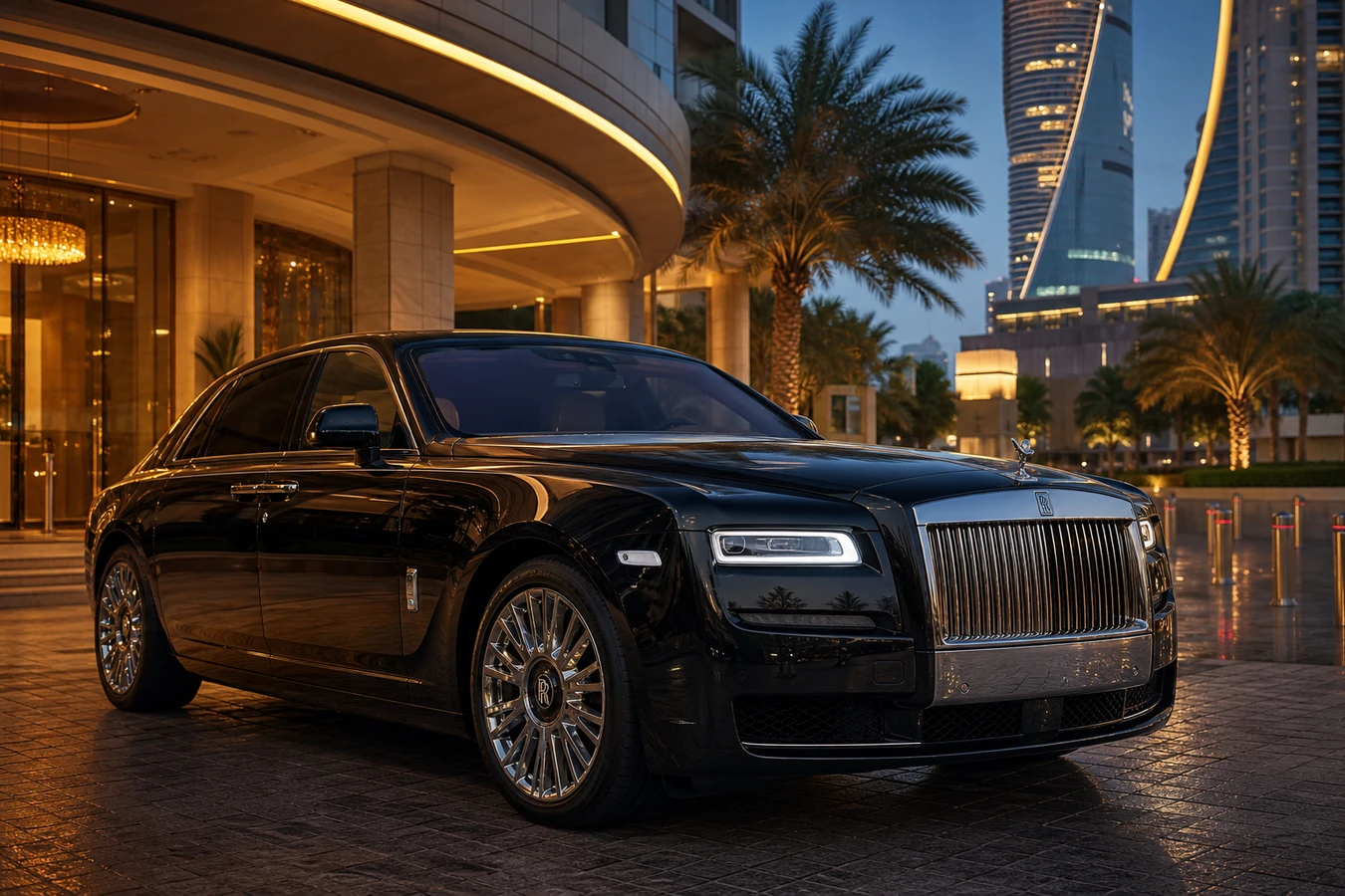 Rolls-Royce Ghost Series II rental Dubai guide hero at a five-star hotel porte-cochere at blue hour