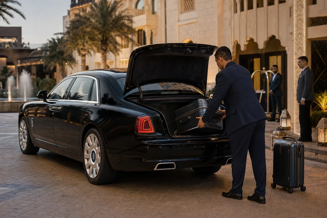 Rolls-Royce Ghost Series II boot with roller cases at a Dubai hotel valet for luggage-friendly executive weeks
