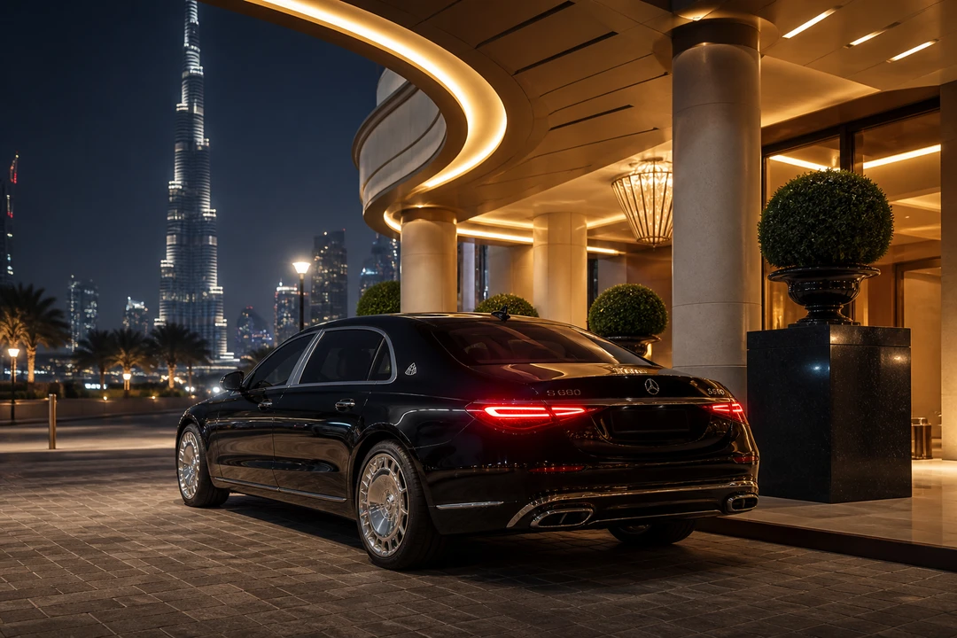 Mercedes-Maybach S 680 at a Downtown Dubai hotel porte-cochere for luxury car hire Dubai arrivals