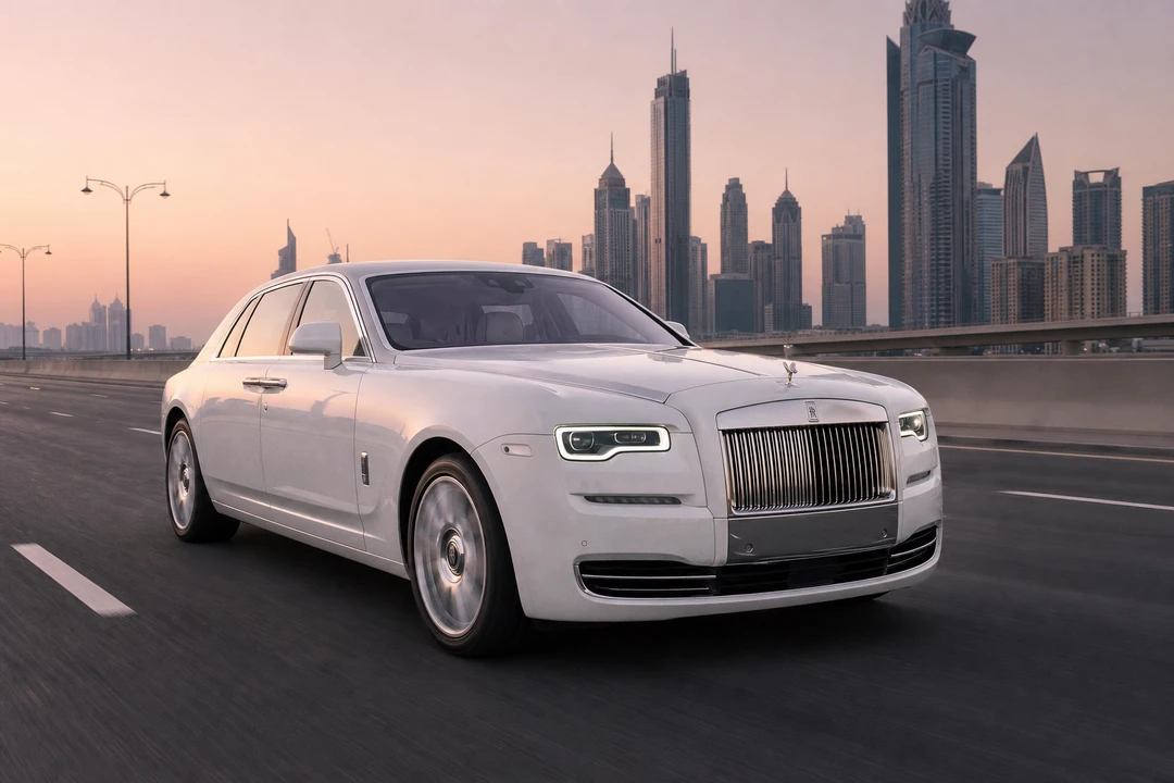 Rolls-Royce Ghost Series II on Sheikh Zayed Road at dawn for luxury car comparison Dubai