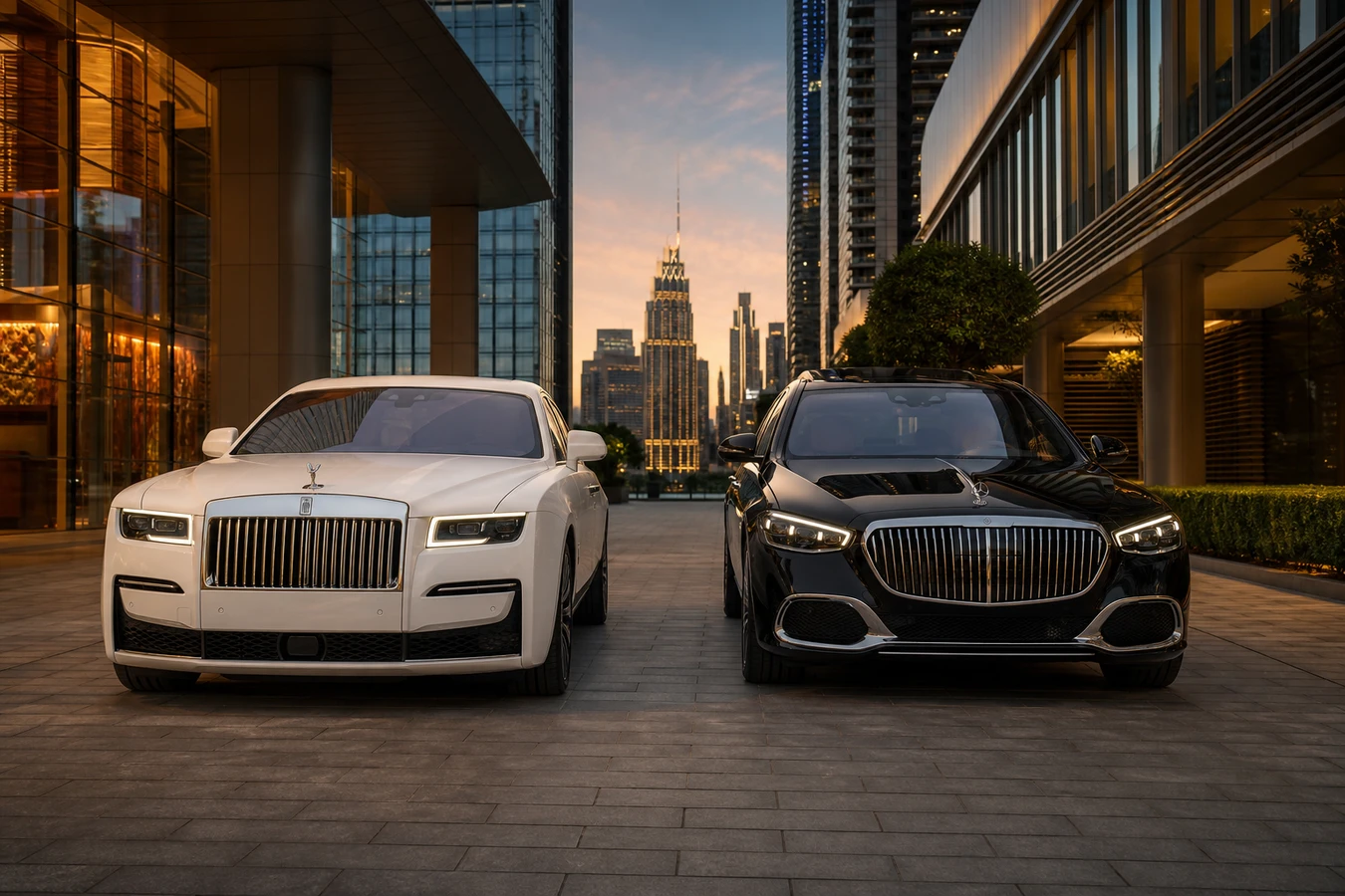 Rolls Royce Ghost vs Maybach S Class Dubai hero with Ghost Series II and Maybach S 680 at DIFC dusk