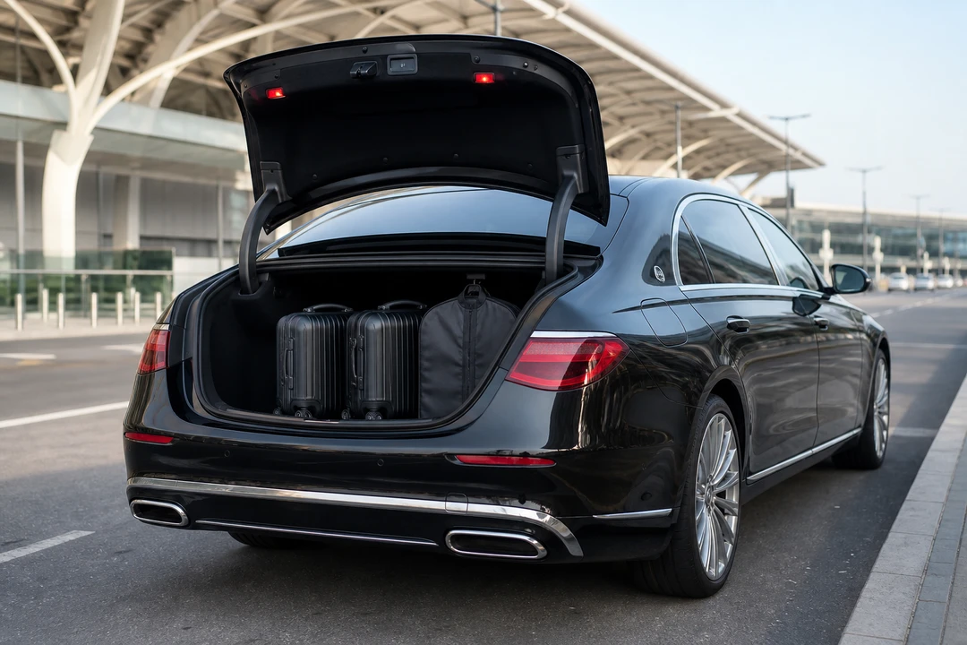 Maybach S 580 boot with roller cases at Dubai Airport for luxury car hire Dubai packing