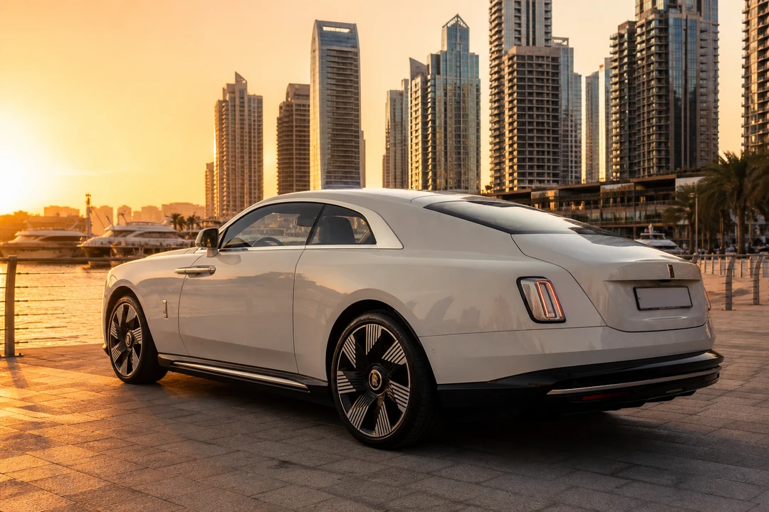 Rolls-Royce Spectre on Dubai Marina waterfront at golden hour for exotic car rental Dubai guests who actually want quiet