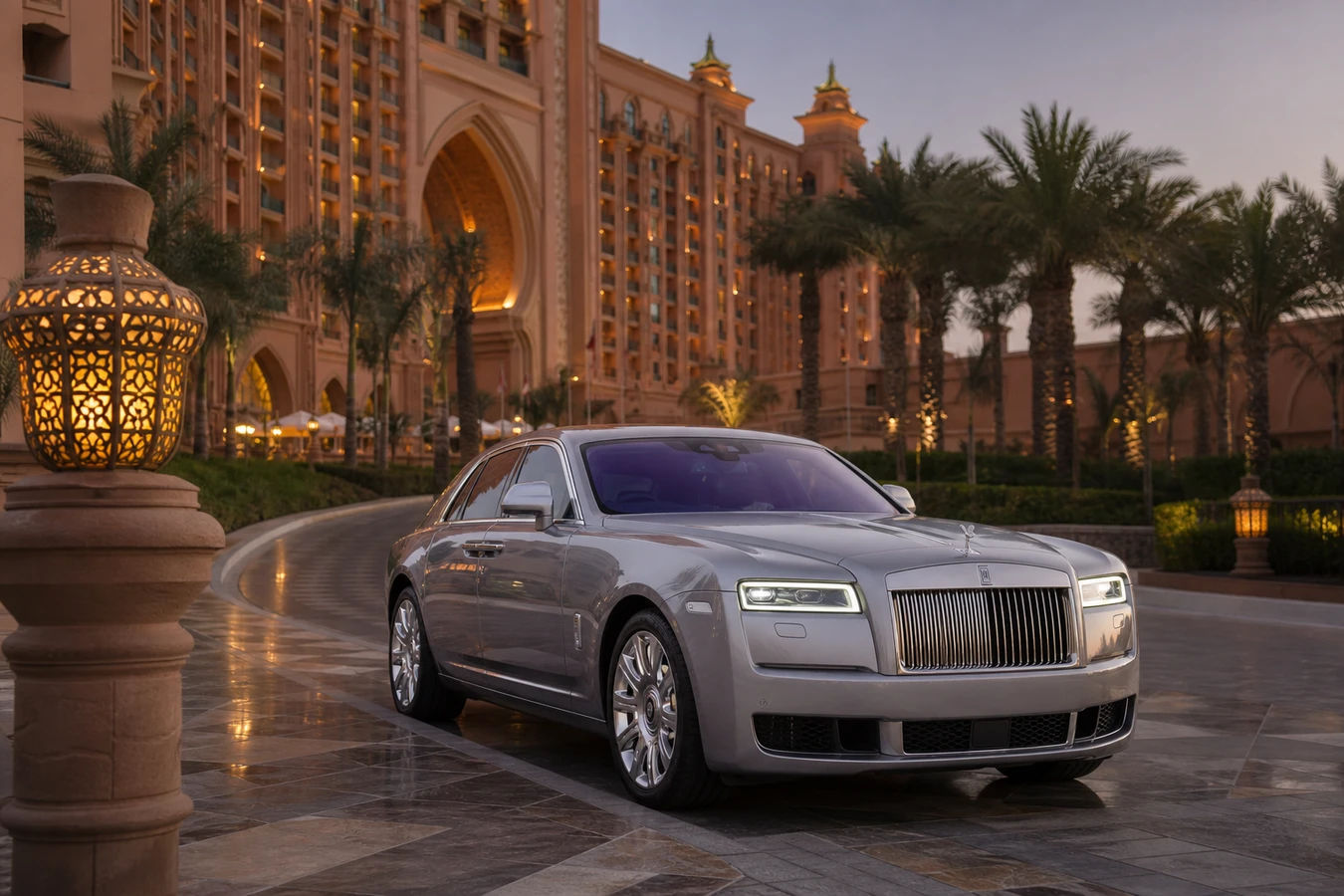 Rolls Royce rental Dubai guide hero with a Ghost Series II at Atlantis The Palm at dusk