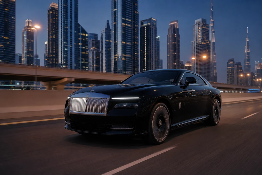Rolls-Royce Spectre coupe on Sheikh Zayed Road at blue hour for luxury car comparison Dubai electric presence