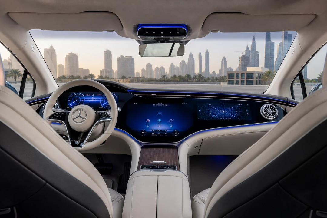 Mercedes EQS cabin with wide panoramic display for luxury car comparison Dubai electric executive weeks