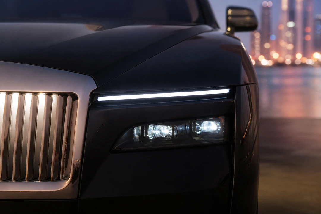 Rolls-Royce Spectre split-headlight detail for Rolls Royce Spectre vs Mercedes EQS Dubai identity