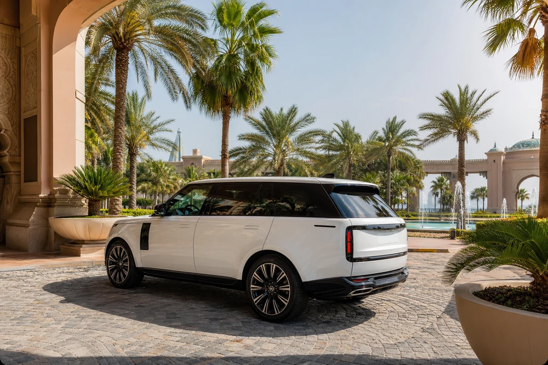Luxury SUV at Palm Jumeirah resort entrance as best car for Dubai holiday family stays