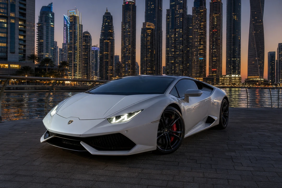 Supercar coupe on Dubai Marina waterfront for supercar or SUV Dubai evening plans