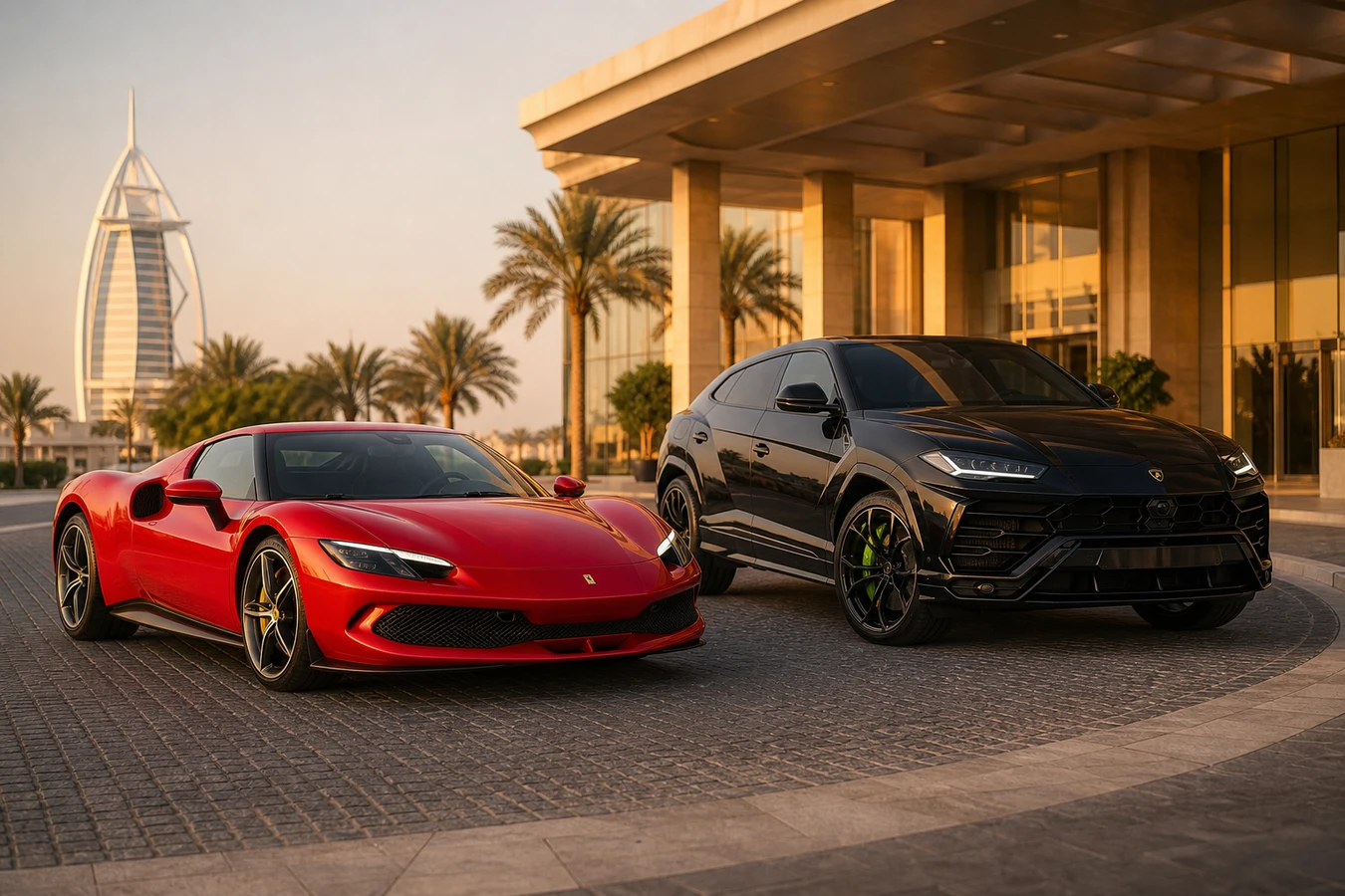 Supercar vs luxury SUV rental Dubai hero with Ferrari coupe and Urus side by side at a hotel forecourt