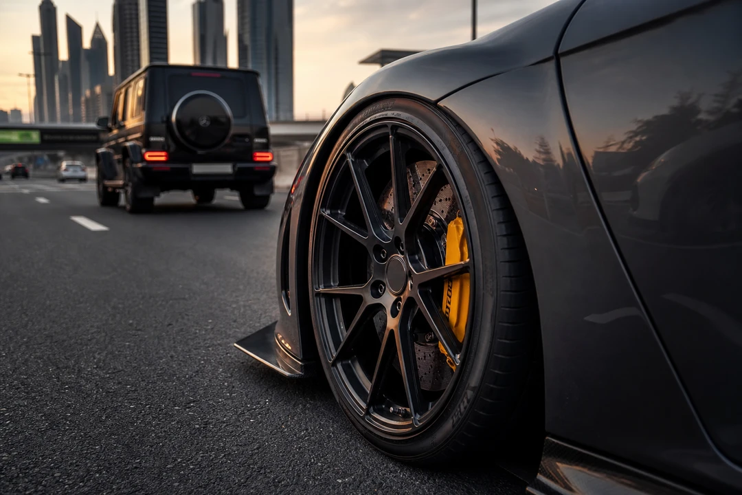 Supercar wheel and low fender detail contrasting coupe stance in a Dubai rental car comparison