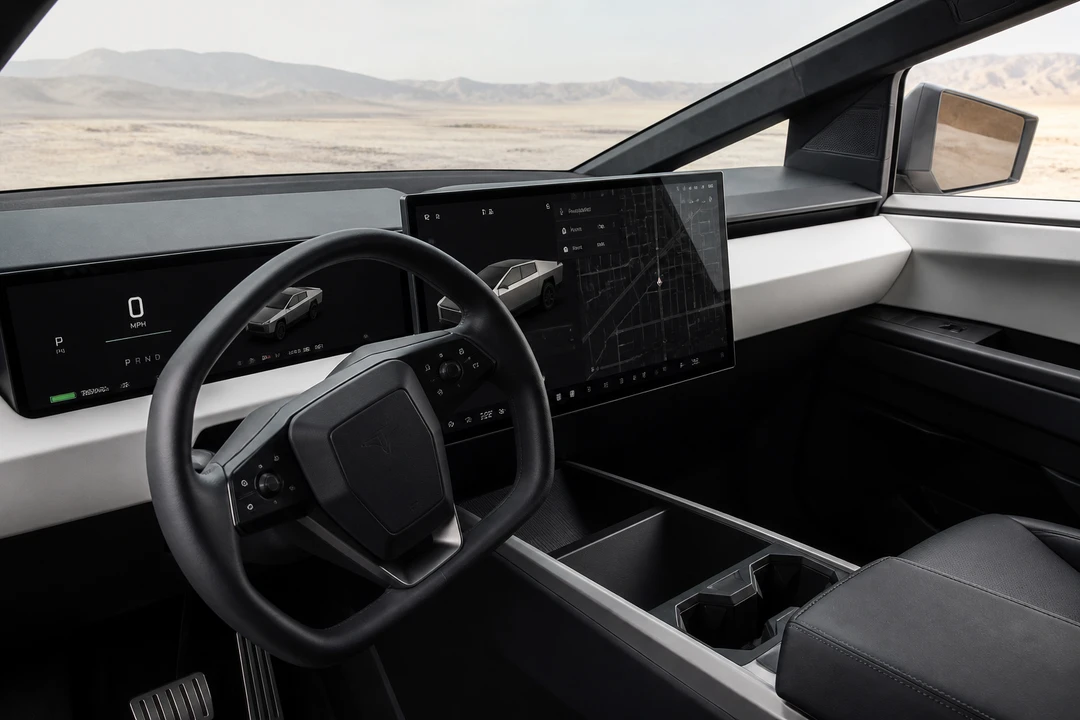 Tesla Cybertruck minimalist cockpit interior with large horizontal touchscreen and driver-focused steering wheel