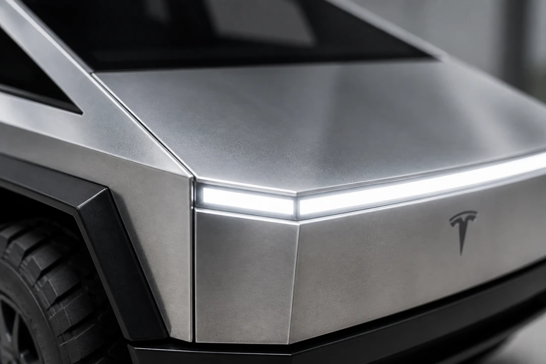 Tesla Cybertruck model detail close-up of angular stainless-steel body panel junction with continuous LED light bar and Tesla badge