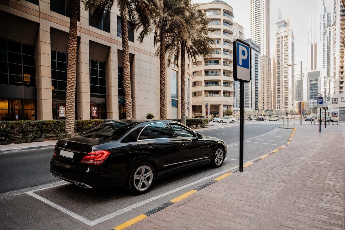 Rental car correctly parked in a marked paid zone in Dubai commercial district