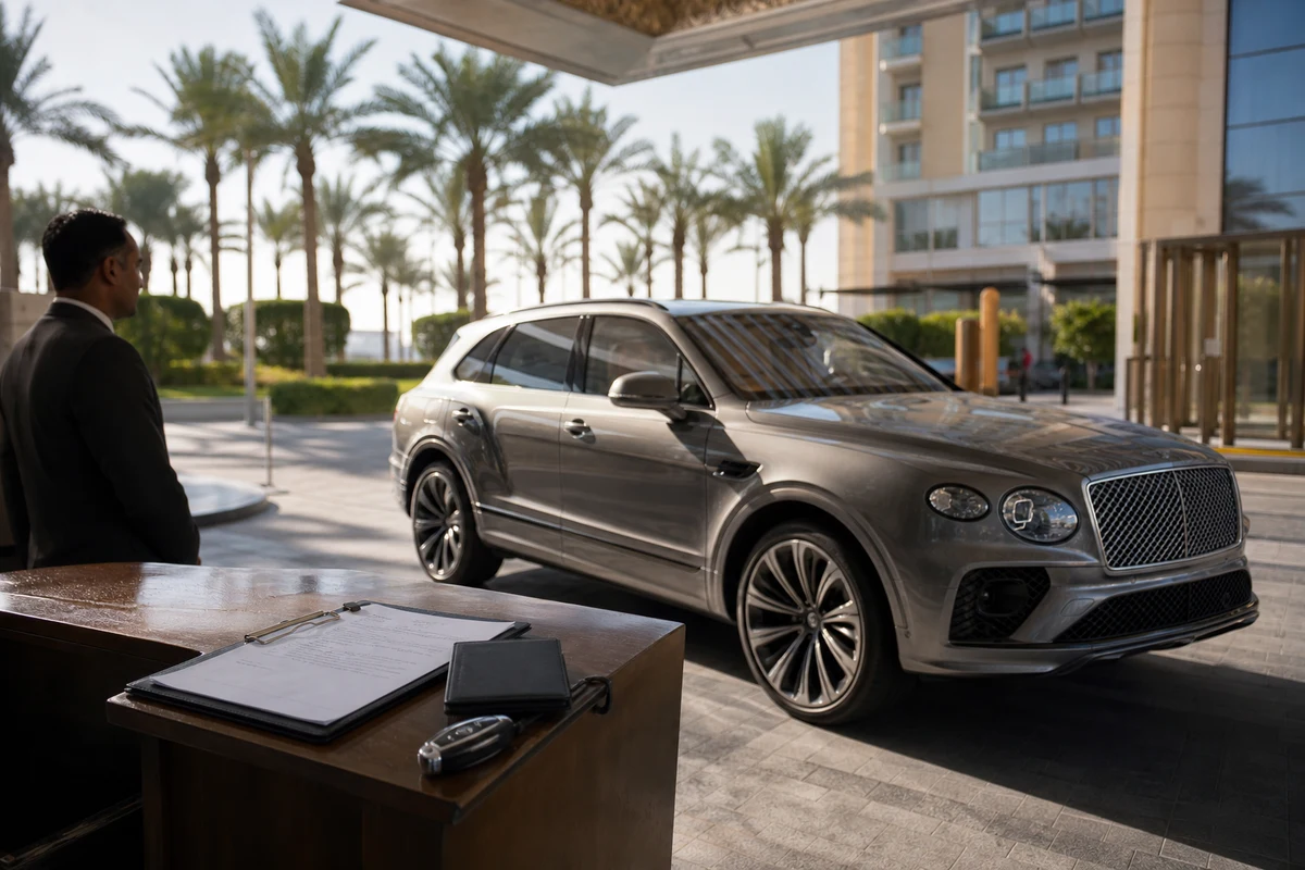 Dubai rental car documents on a hotel valet podium beside a luxury SUV before tourist handover