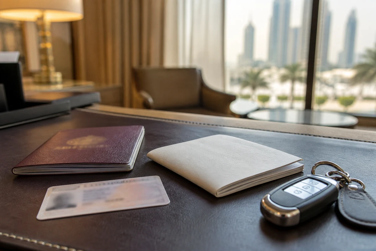 Tourist driving licence UAE pack with passport, home licence, and International Driving Permit on a hotel desk