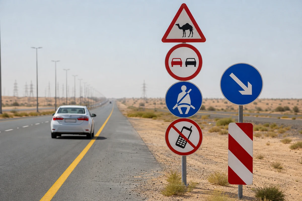 Rental vehicle following lane discipline and speed signs on UAE multilane road