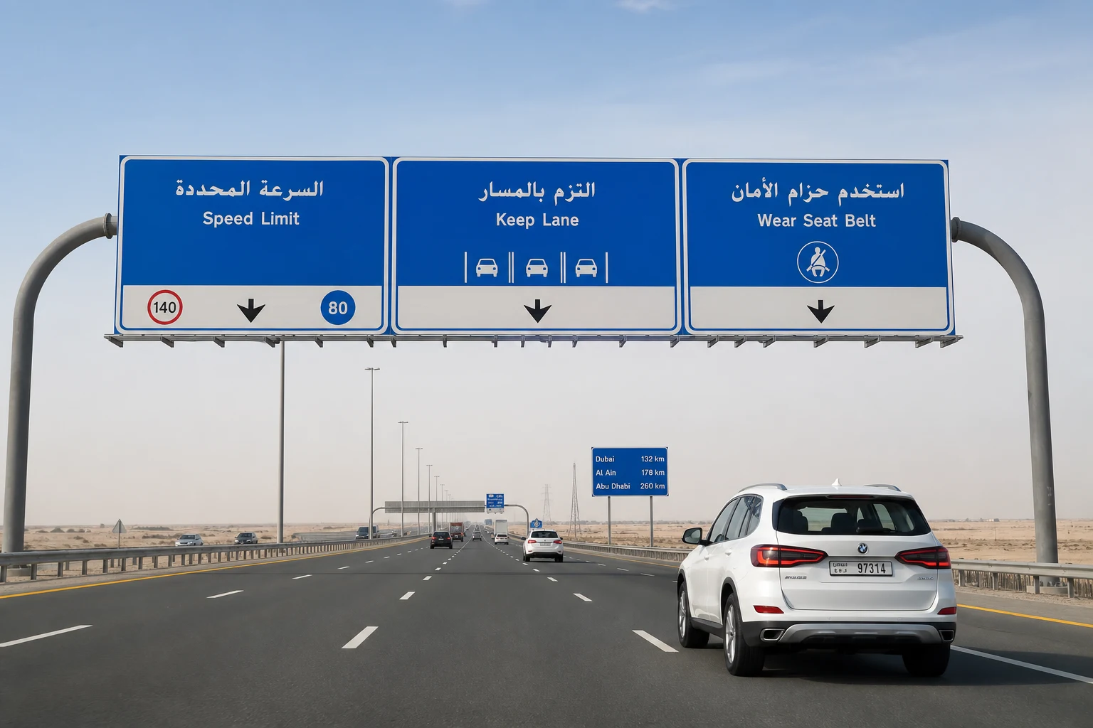 UAE road rules context with Dubai highway signage and compliant rental driving