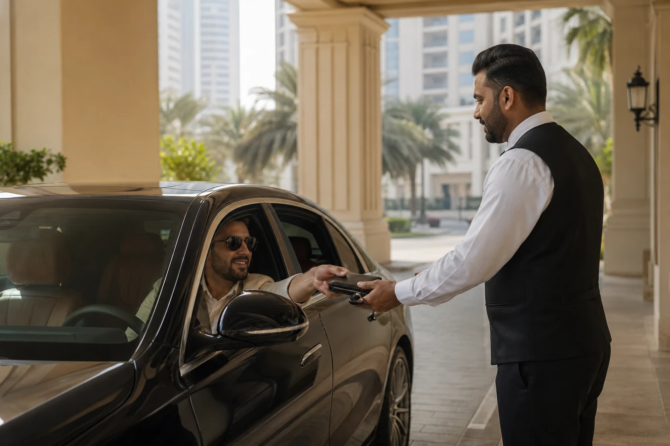 UAE resident luxury car rental requirements handover at a Dubai residential tower with a luxury sedan