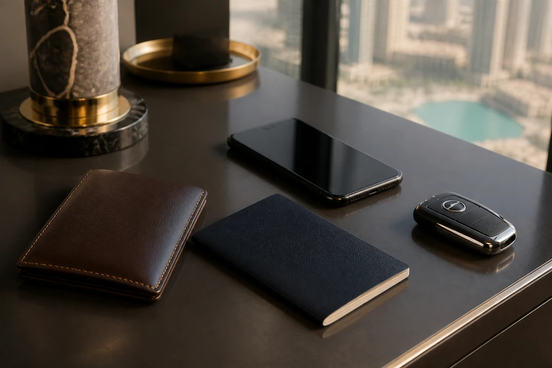 Dubai rental car documents for a UAE resident: closed card holder, licence booklet, and key on a home desk