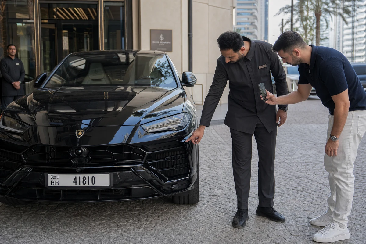 Luxury rental car exterior inspection during Dubai insurance and damage documentation walkthrough