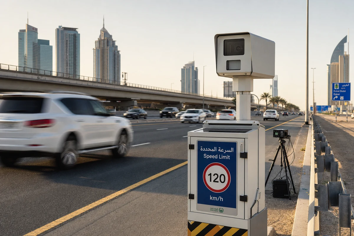 Speed camera gantry on Dubai motorway with luxury rental car in monitored lane