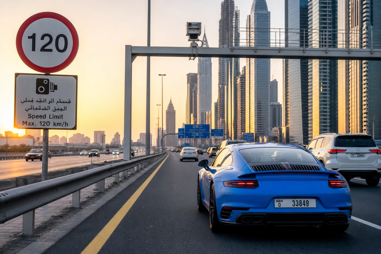 Dubai highway speed limit corridor with rental car and radar enforcement context
