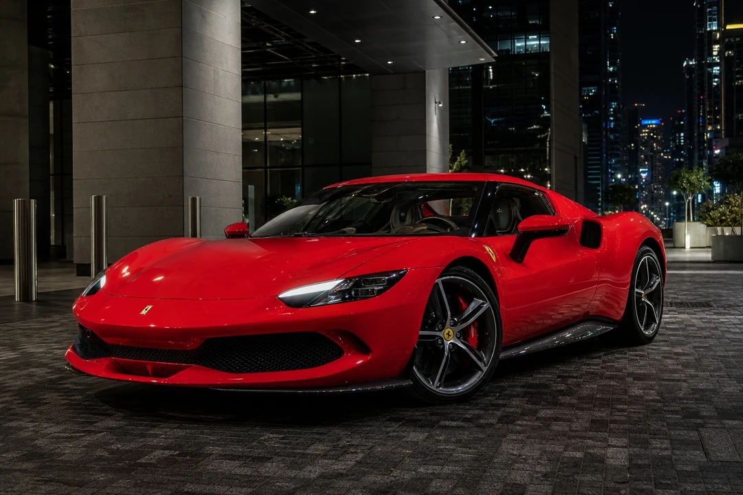 Ferrari 296 GTB at a DIFC night valet for rent supercar Dubai listings that usually sit at 25 or older