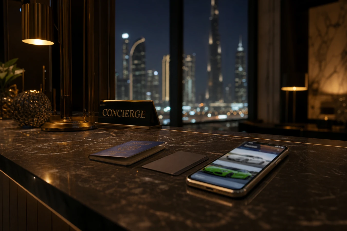 Under 25 supercar rental Dubai: passport, licence, and a supercar listing on a phone at a Downtown hotel desk