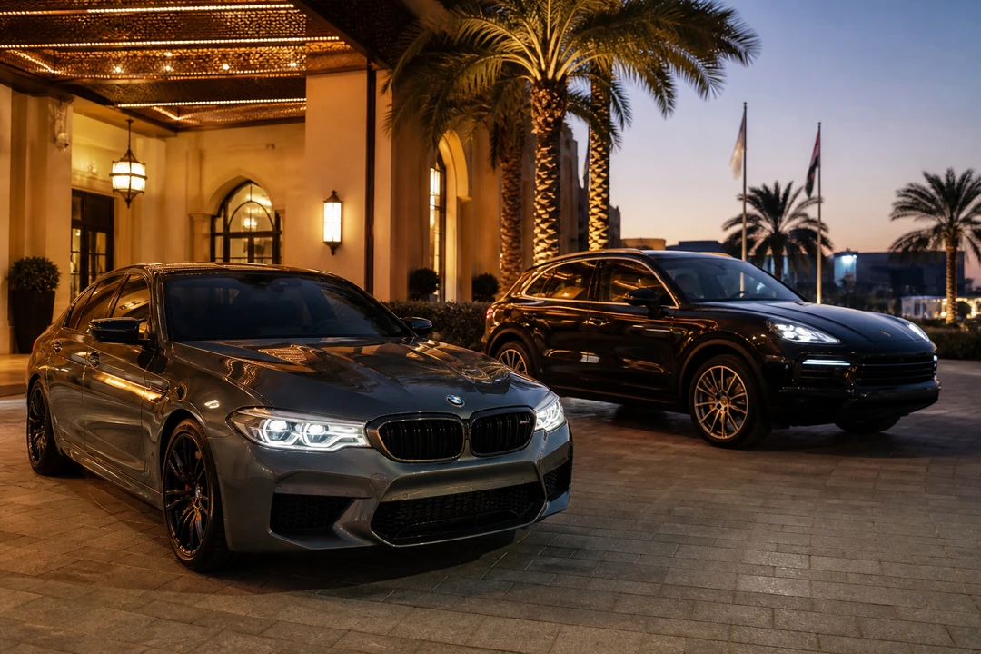 BMW M5 and Porsche Cayenne at a Dubai hotel as luxury car hire Dubai alternatives when the driver is under 25