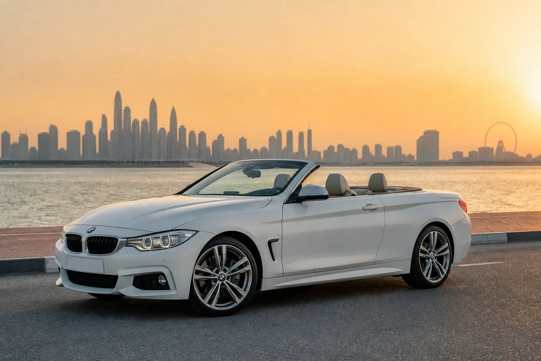 BMW 430i Convertible on Palm Jumeirah at golden hour for best cars to rent Dubai open-top evenings