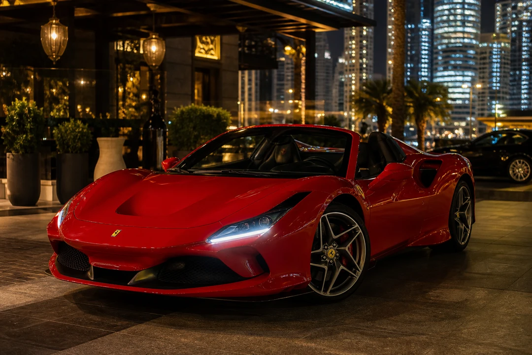 Ferrari F8 Tributo Spider at a Downtown Dubai restaurant valet for supercar rental Dubai on Valentine’s evening