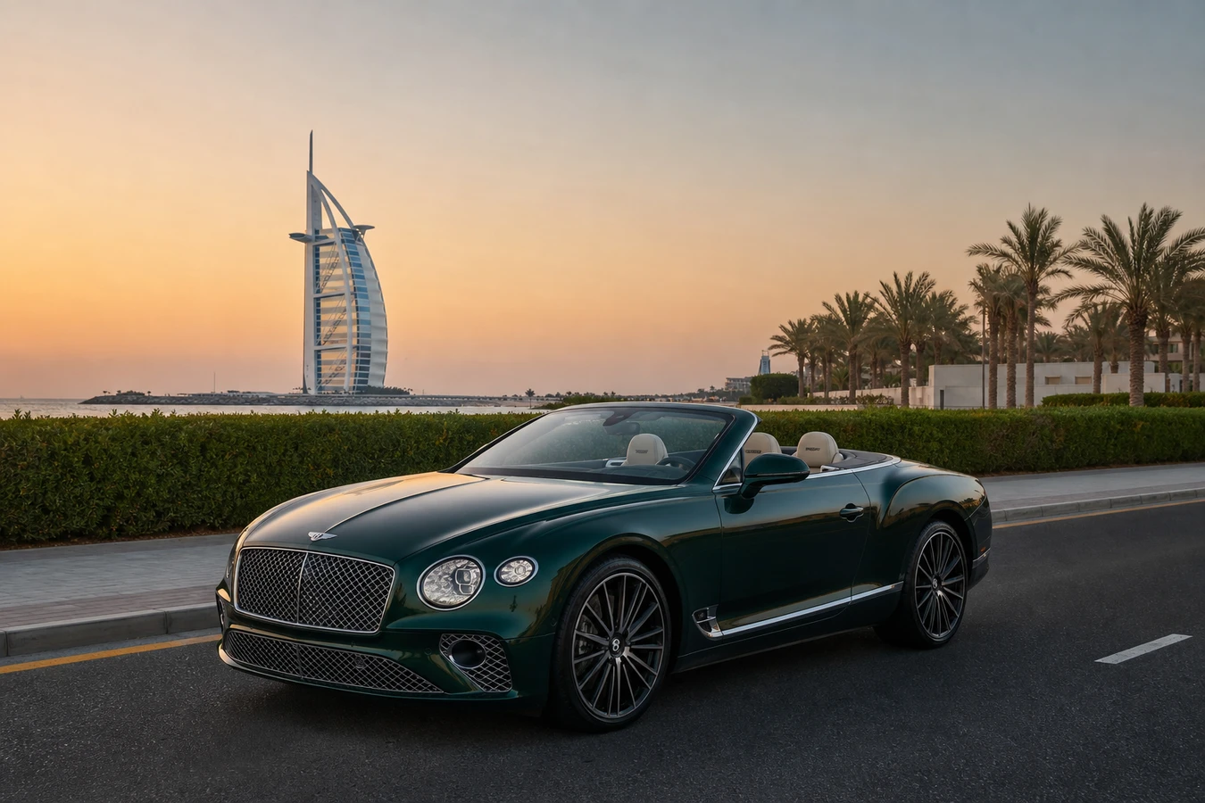 Valentine luxury car rental Dubai hero with a Bentley Continental GTC on Jumeirah Beach Road at dusk