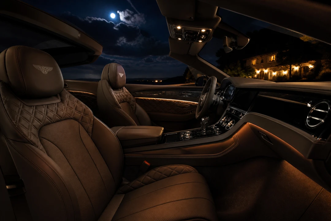 Bentley Continental GTC cabin for luxury car rental Dubai on a quiet coastal evening