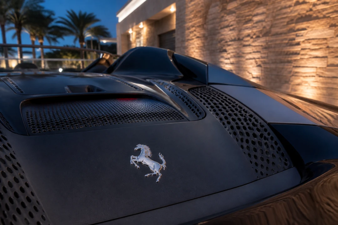 Ferrari F8 Tributo Spider engine cover detail for Valentine luxury car rental Dubai