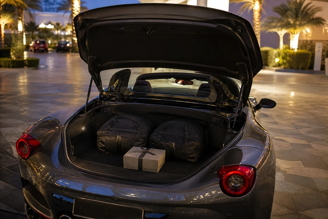 Ferrari F8 Spider boot with a small gift and two soft bags for Dubai car hire on a couple’s night