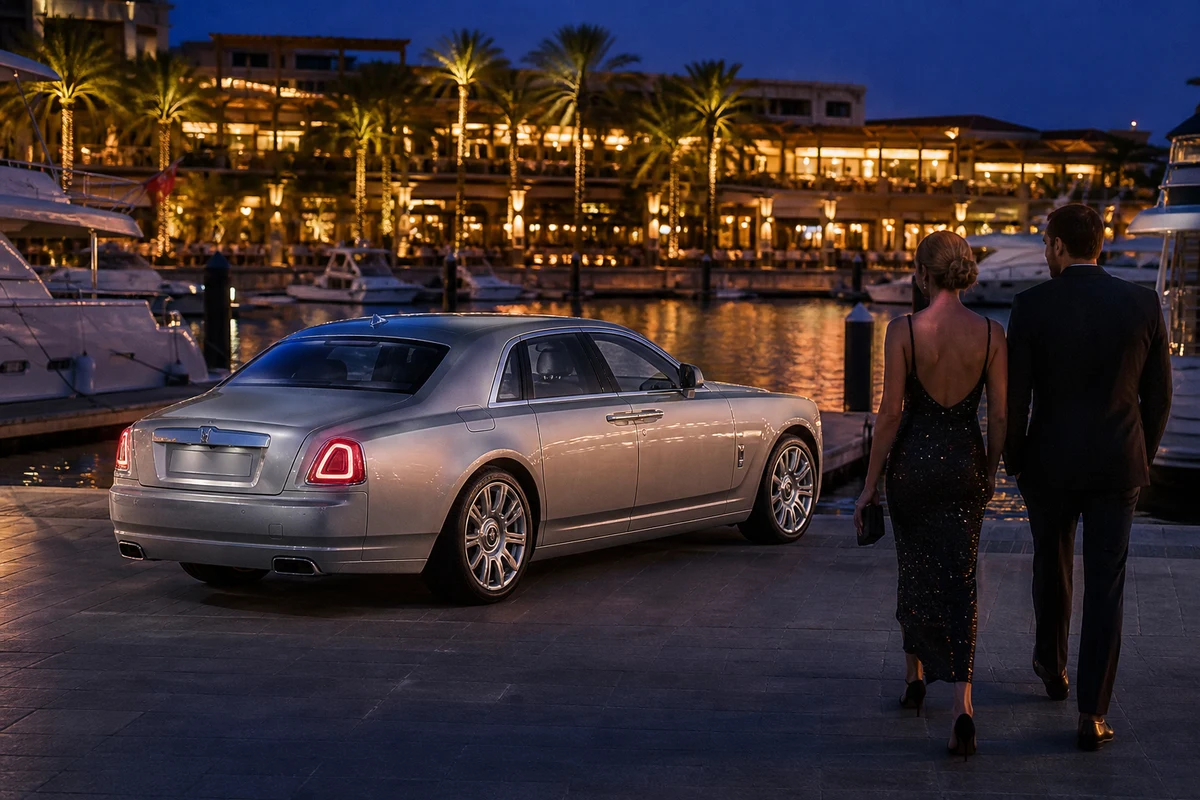 Rolls-Royce Ghost Series II at a Dubai marina yacht club for best cars to rent Dubai evening arrivals