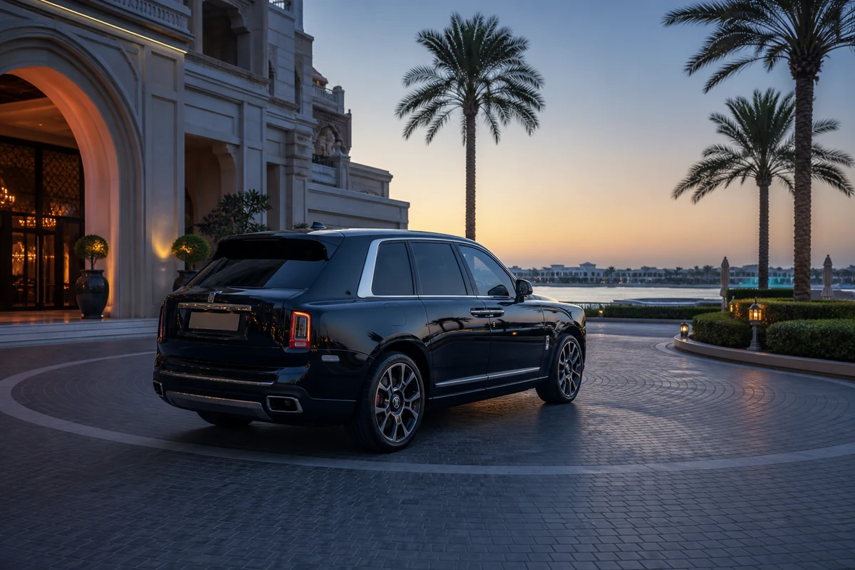 Rolls-Royce Cullinan at a Palm Jumeirah resort driveway at dawn for luxury car rental Dubai VIP weeks