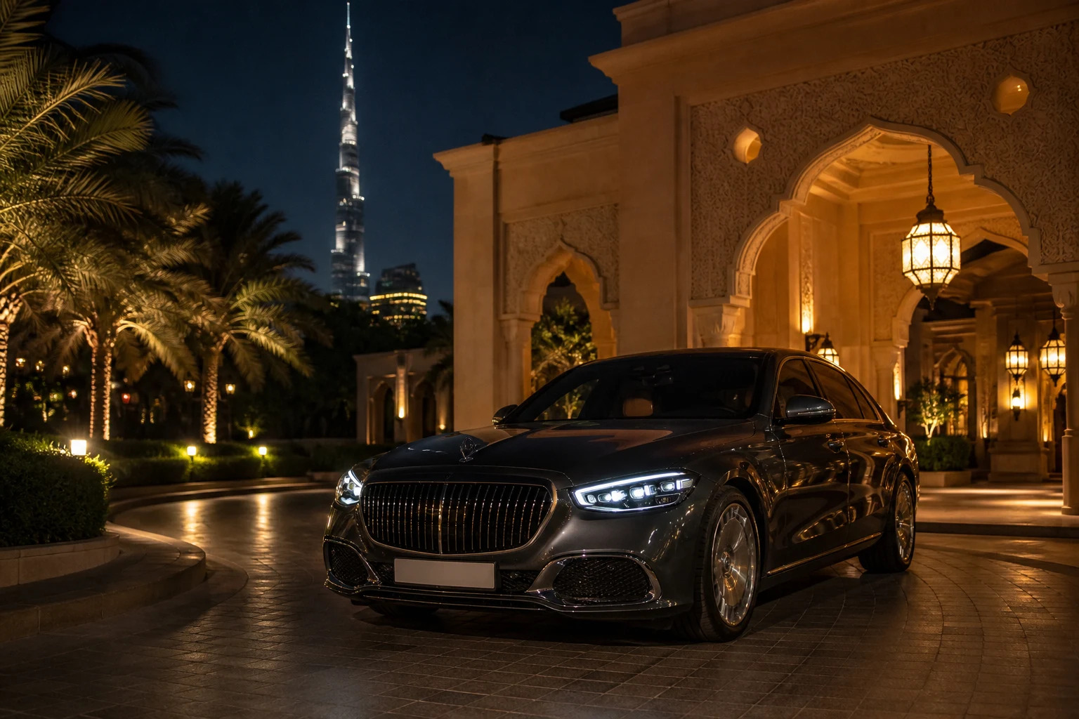 VIP luxury car rental Dubai with a Mercedes-Maybach at a hotel porte-cochère at night
