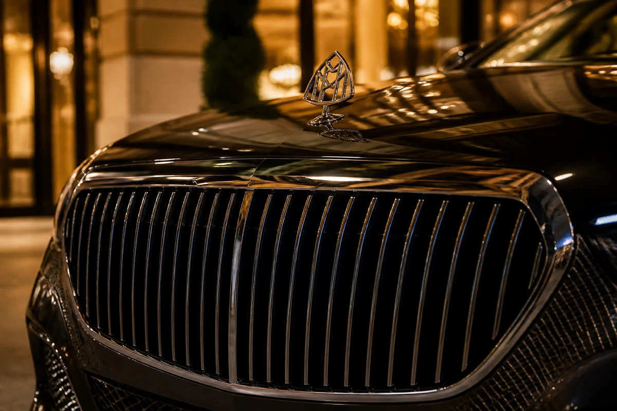 Mercedes-Maybach grille at night for VIP luxury car rental Dubai hotel arrivals