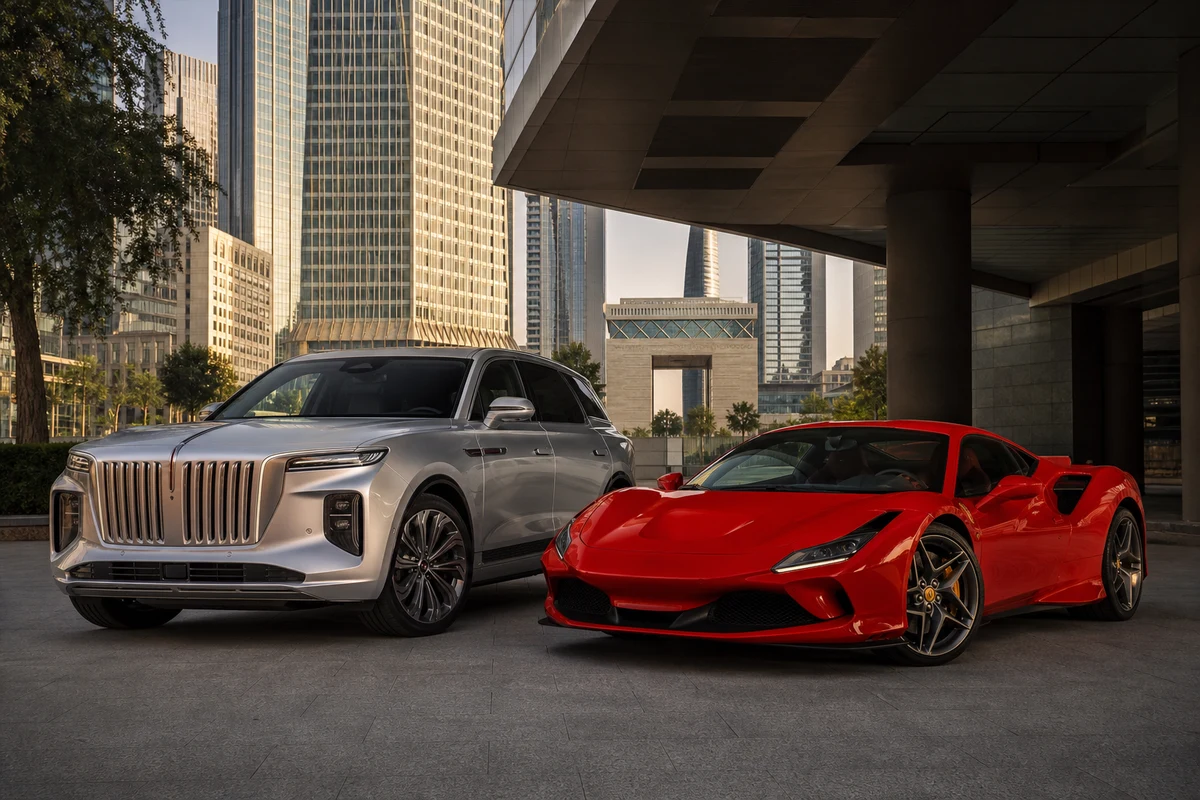 Luxury SUV and supercar at a DIFC tower podium for weekly rental class comparison