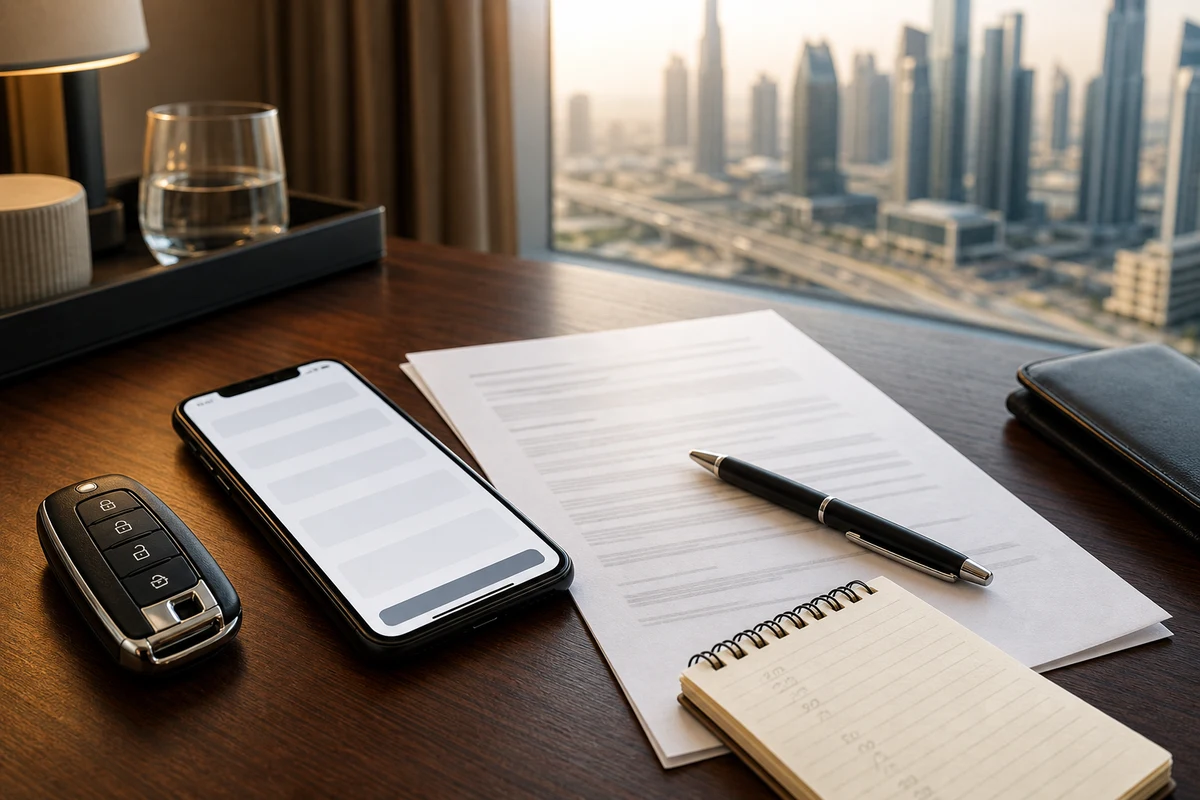 Seven-day rental contract, car key, phone, and mileage notes on a Dubai hotel desk