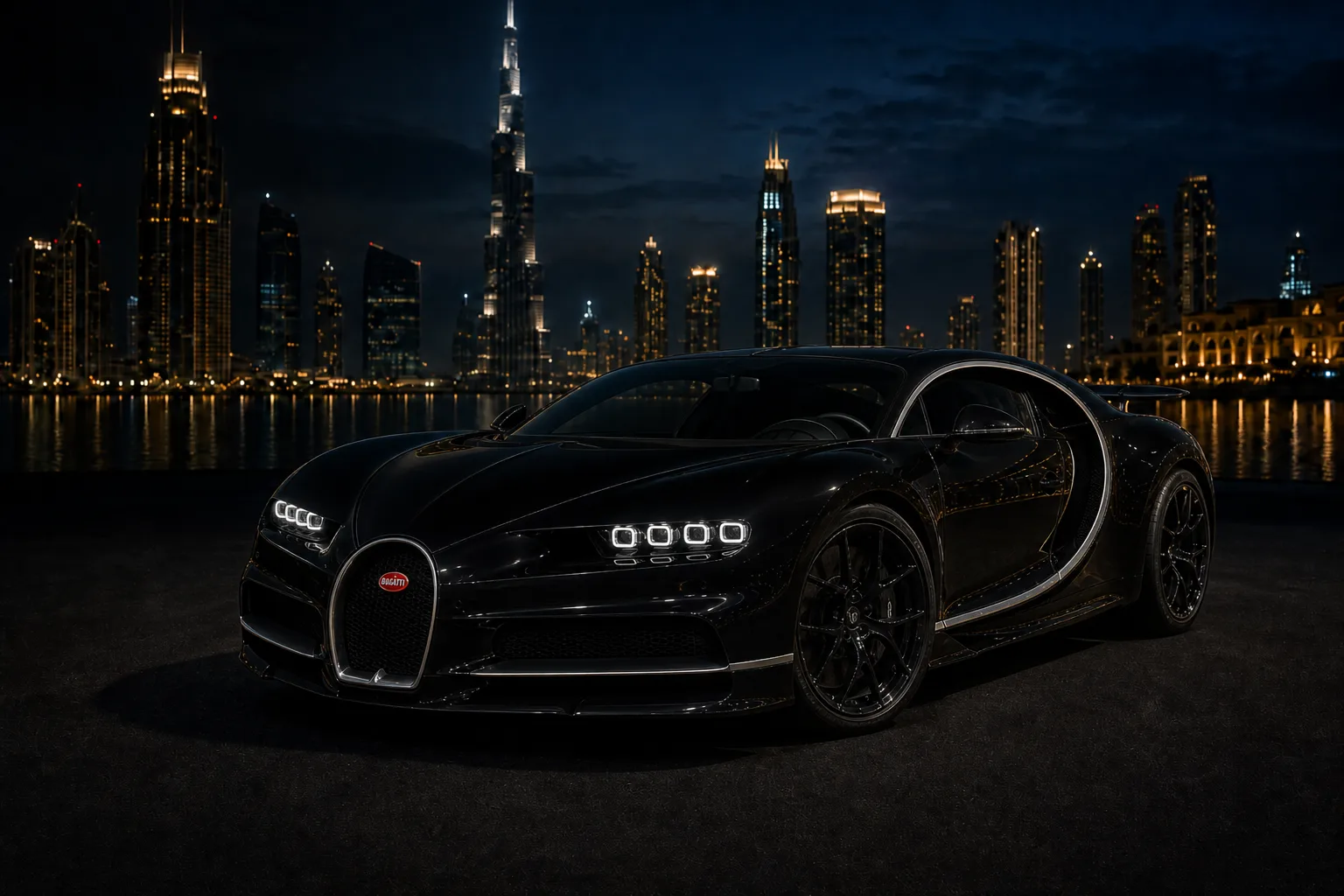 Bugatti rental Dubai skyline