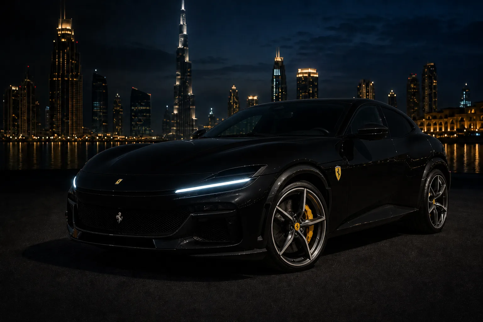 Ferrari rental Dubai skyline