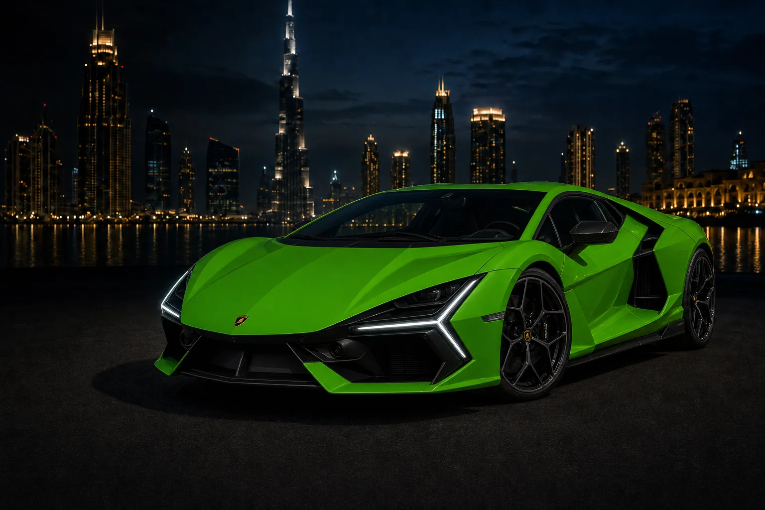 Lamborghini rental Dubai skyline